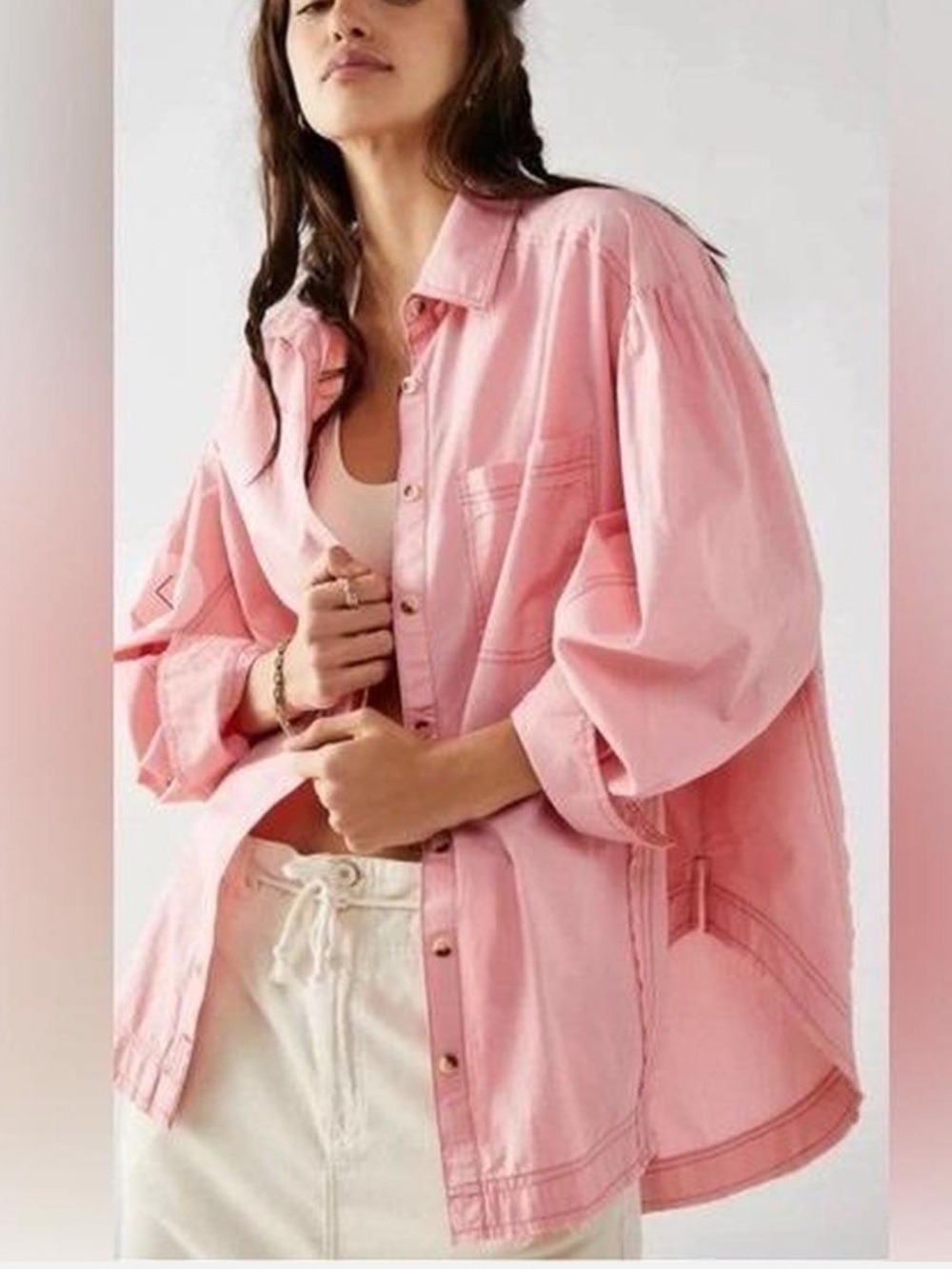 Free People We the Free Happy Hour Oversized Pink Strawberry Cream Button Down M